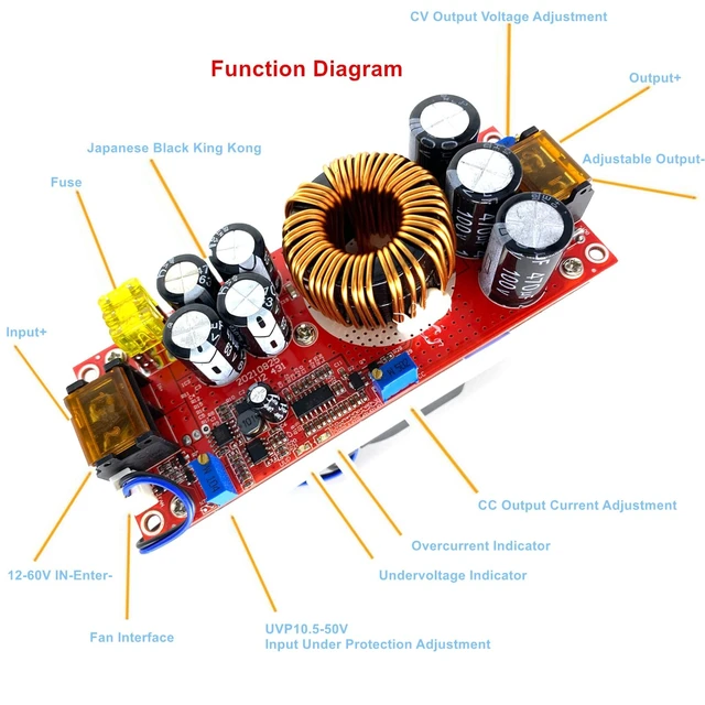Alt view image 4 of 5 - 1800W 40A DC-DC 10-60V to 12-90V Step Up Boost Converter Current Power Supply Module +Fan