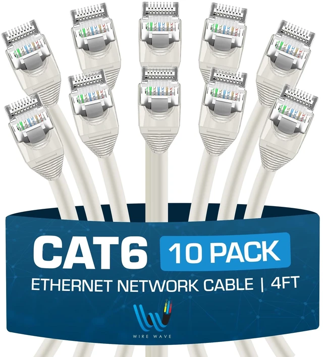 Main image of WIRE WAVE Cat6 Ethernet Cable (10-Pack - 4 Feet - White) - High Speed 24AWG Bump Boot, Cat6 RJ45 Internet LAN Patch, Network Cable. Internet Cord, Gaming