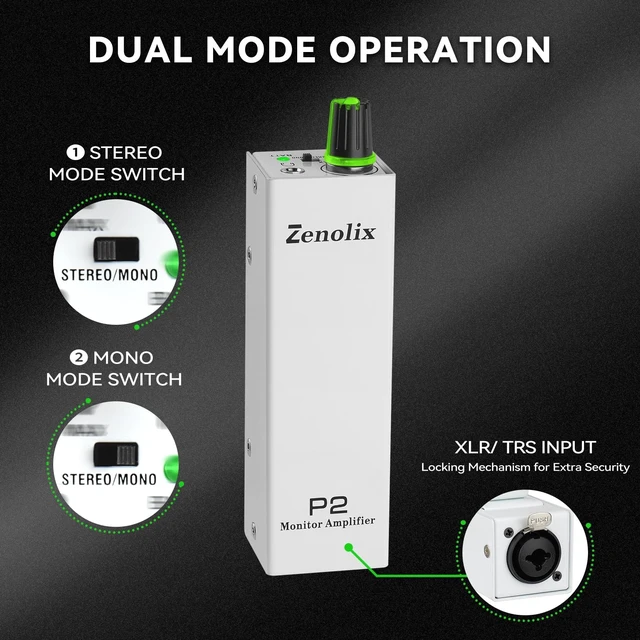 Alt view image 3 of 5 - Zenolix P2 Portable in Ear Monitor Amplifier, Headphone Amp with XLR/TRS Inputs 3.5mm Output, Headphone Amplifier with Durable Belt Clip, Stereo/Mono Switch for Drummers, Guitar, Keyboardists