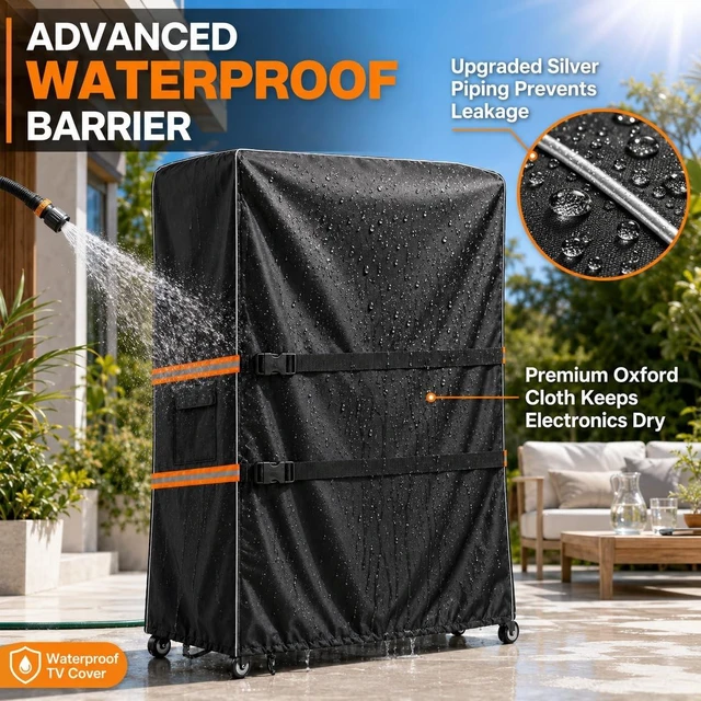 Alt view image 5 of 5 - Acreater Outdoor TV Trolley Cover for 60-65 Inch Screen, Heavy Duty 600D Waterproof Rolling TV Stand Cover, Weatherproof Mobile TV Cart on Wheels Protector with Remote Pocket, Black 60"x15"x57"