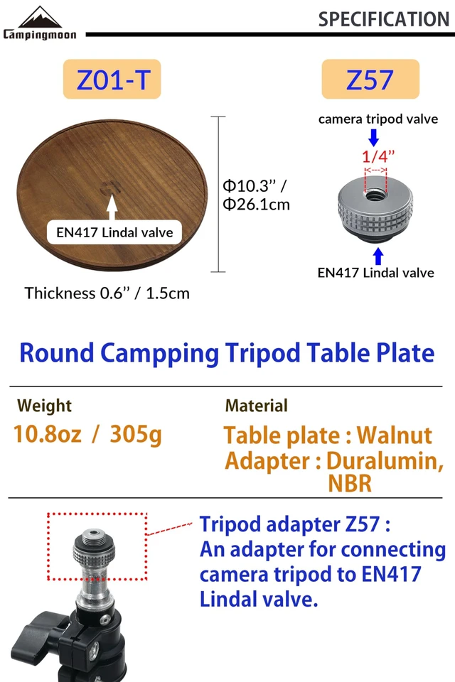 Alt view image 2 of 4 - CAMPINGMOON Round Top Plate Table Small for Camera Tripod Smart Stand 2-Way Walnut Wood Camping Z01-T-Z57