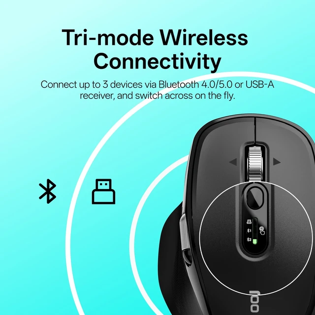 Alt view image 3 of 5 - Rapoo M680 Wireless Mouse - for Small to Medium Hands, Bluetooth 5.0/4.0 + 2.4GHz Tri-Mode Multi-Device Mouse, Free-Spin Scroll, Horizontal Wheel, Silent Clicks, 2-Year Battery, Black