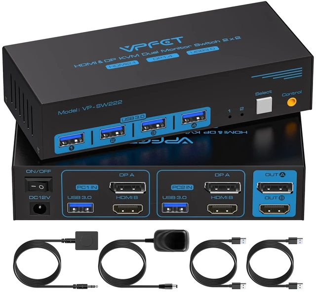 Main image of 4K@120Hz Kvm Switch 2 Monitors 2 Computers 8K HDMI Displayport Dual Monitor KVM Switches 2 Ports for 2 PC Share Mouse Keyboard and 2 Screens with Desktop Controller and 2 USB 3.0 Cables