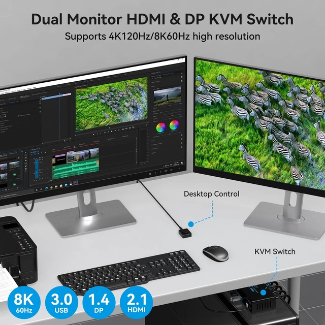 Alt view image 4 of 5 - 4K@120Hz Kvm Switch 2 Monitors 2 Computers 8K HDMI Displayport Dual Monitor KVM Switches 2 Ports for 2 PC Share Mouse Keyboard and 2 Screens with Desktop Controller and 2 USB 3.0 Cables