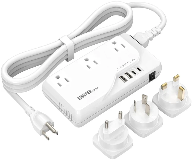 Main image of Super Electro 220v to 110v Voltage Converter, International Travel Adapter with 4 USB Charger (2 USB C), 3 AC Sockets and EU/UK/AU/Plug Power Adaptor for Hair Dryer Straightener/Curling Iron