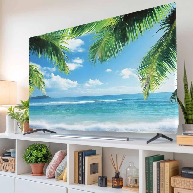 Main image of TV Cover for 55 inch Screen Blue Ocean Beach Sea Water Washable Stretch Fabric TV Cover, Summer Tropical Leaves Reusable Television Screen Covers for Sofa Living Room Home Decor