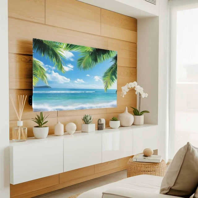 Alt view image 3 of 5 - TV Cover for 55 inch Screen Blue Ocean Beach Sea Water Washable Stretch Fabric TV Cover, Summer Tropical Leaves Reusable Television Screen Covers for Sofa Living Room Home Decor