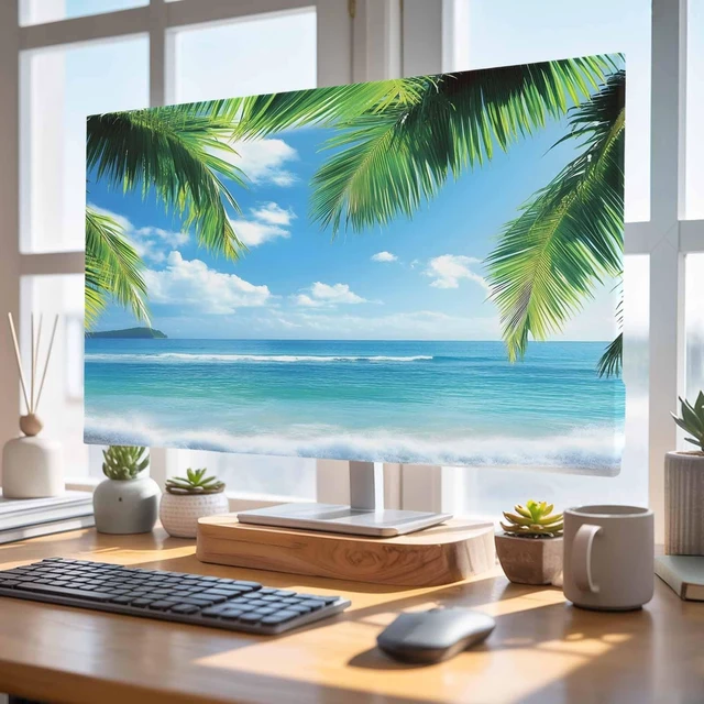 Alt view image 4 of 5 - TV Cover for 55 inch Screen Blue Ocean Beach Sea Water Washable Stretch Fabric TV Cover, Summer Tropical Leaves Reusable Television Screen Covers for Sofa Living Room Home Decor