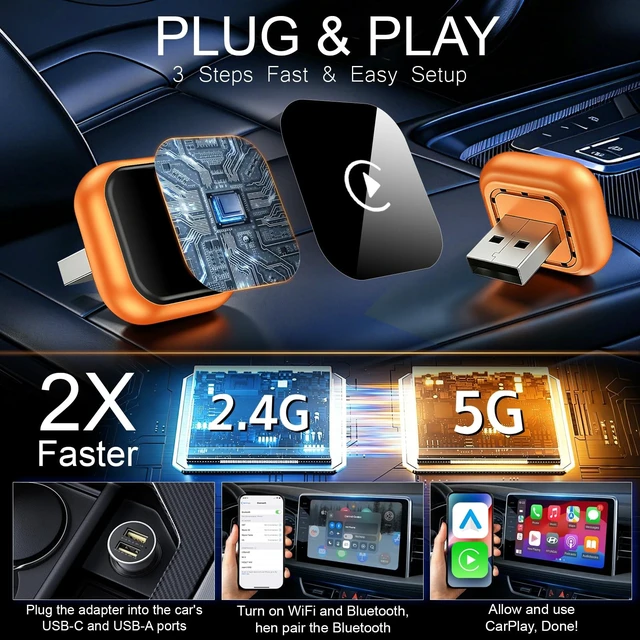 Alt view image 3 of 5 - Wireless CarPlay Adapter & Android Auto Adapter, 2 in 1 Wired to Wireless CarPlay Dongle for iPhone & Android, Mini Plug & Play, Stable & No Latency, for iOS 10+ Android 11+ 2016+ Cars (