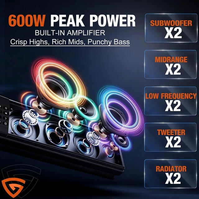 Alt view image 4 of 5 - 34" UTV Sound Bar 8 Speaker 600W Bluetooth for ATV Polaris Golf Gart Marine