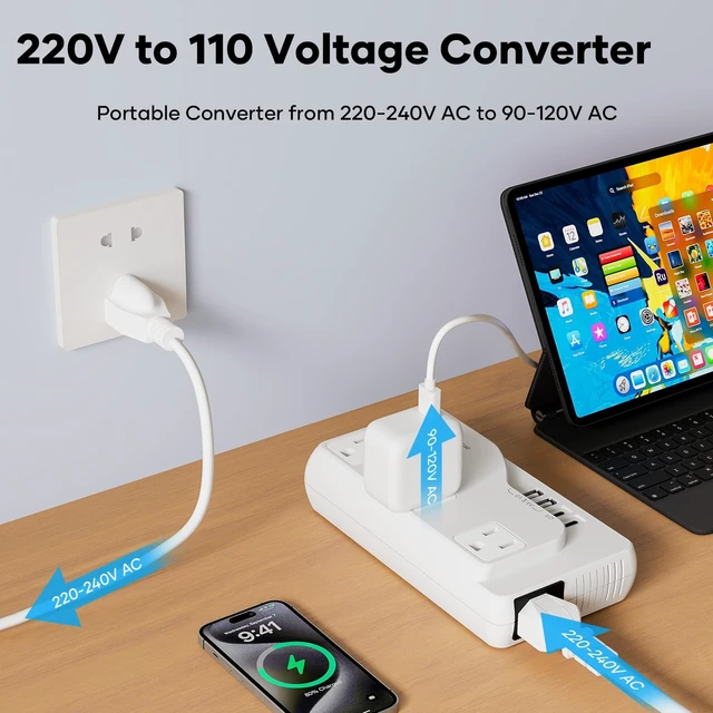 Alt view image 2 of 5 - Super Electro 220v to 110v Voltage Converter, International Travel Adapter with 4 USB Charger (2 USB C), 3 AC Sockets and EU/UK/AU/Plug Power Adaptor for Hair Dryer Straightener/Curling Iron