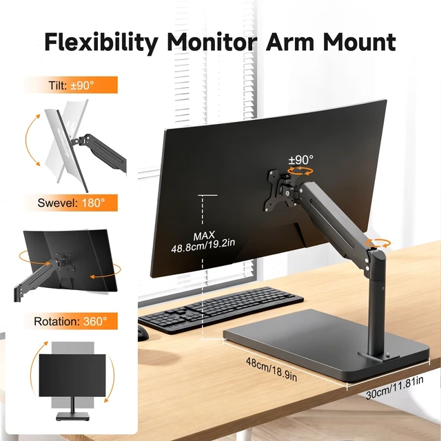 Alt view image 2 of 5 - Suptek Single Monitor Mount with Base for 17-32 Inch Screens, Freestanding Height Adjustable Monitor Desk Stand, Full Motion Monitor Arm Holds up to 22 lbs, VESA 75x75/100x100, Black