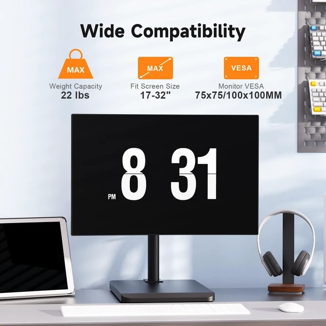 Alt view image 3 of 5 - Suptek Single Monitor Mount with Base for 17-32 Inch Screens, Freestanding Height Adjustable Monitor Desk Stand, Full Motion Monitor Arm Holds up to 22 lbs, VESA 75x75/100x100, Black
