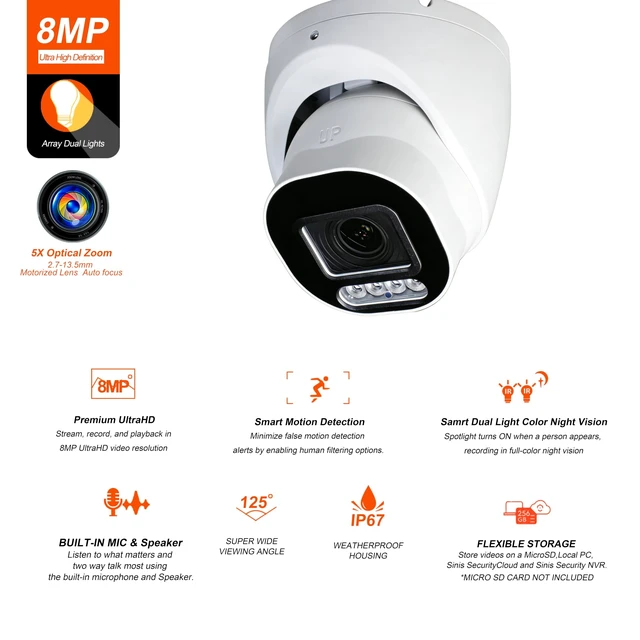 Alt view image 2 of 5 - SINIS 4K PoE Security IP Camera, 8MP 5X Optical Zoom Turret Camera Outdoor