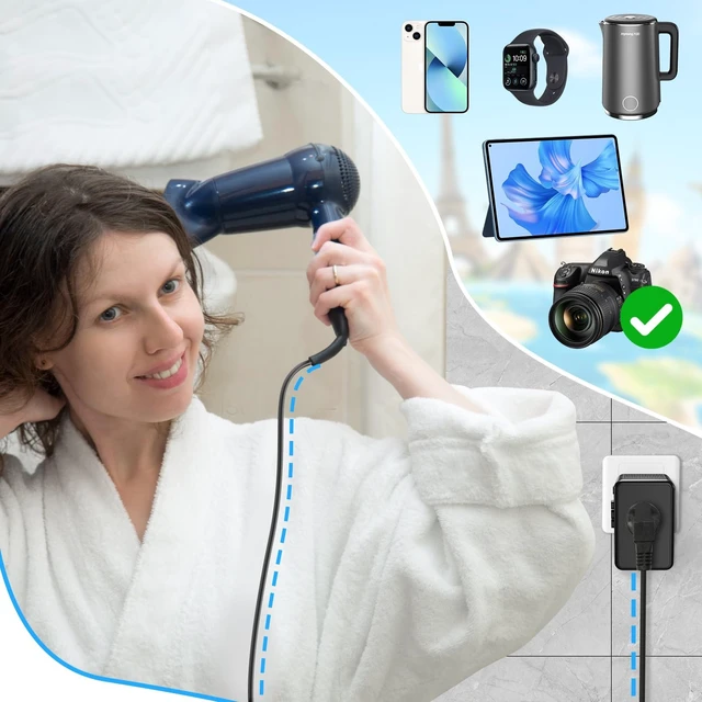 Alt view image 2 of 5 - 220V to 110V Voltage Converter US to Europe for Hair Dryer with Fast Charging, Power Converter Adapter Combo 2 USB A & 2 USB C, International Adapter European Travel Converter C G A I (Black)