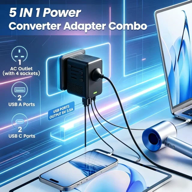 Alt view image 4 of 5 - 220V to 110V Voltage Converter US to Europe for Hair Dryer with Fast Charging, Power Converter Adapter Combo 2 USB A & 2 USB C, International Adapter European Travel Converter C G A I (Black)