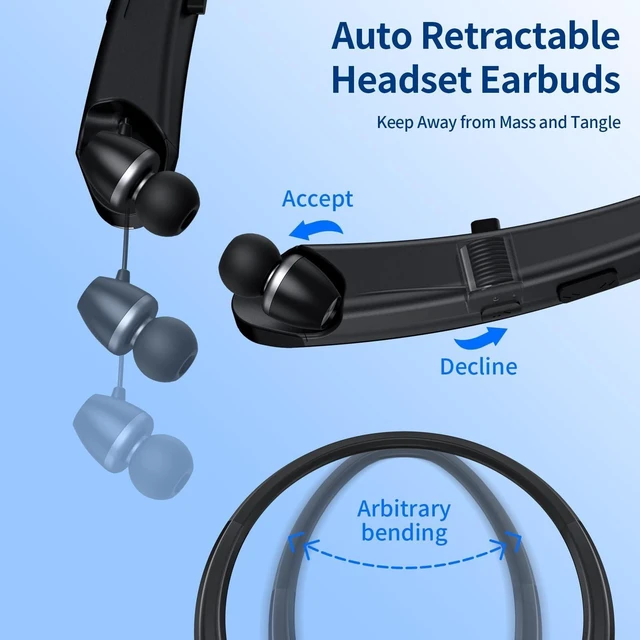 Alt view image 3 of 5 - MOCANIO Retractable Neckband Bluetooth Headphones, Noise Cancelling Earbuds with Built-in Mic, 18-24H Playtime Type-C Charging Wireless Sports Earphones for Running Workout Travel Office Call