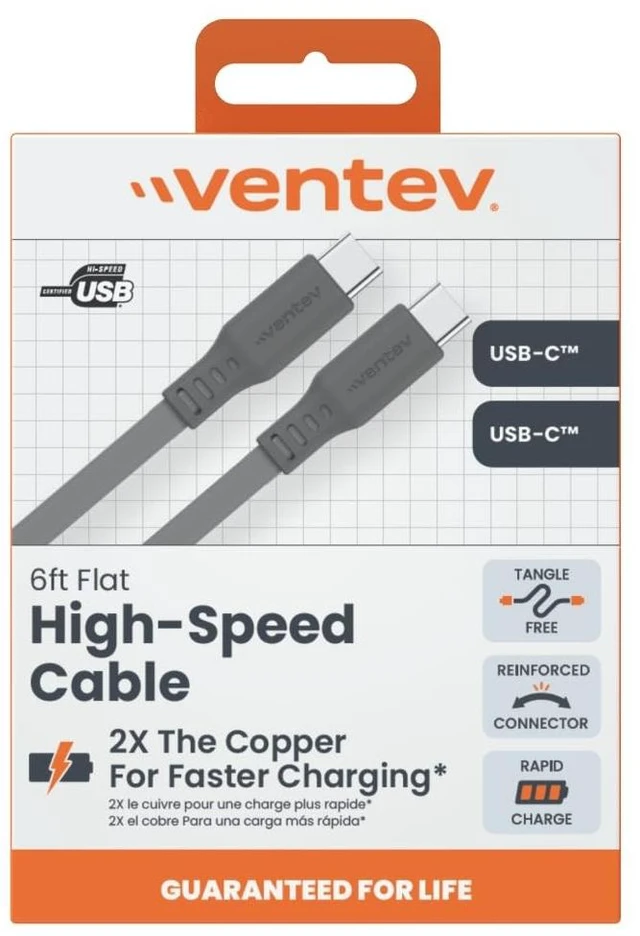 Alt view image 2 of 3 - Ventev Flat USB-C to USB-C High Speed Tangle-Free Cable 6ft