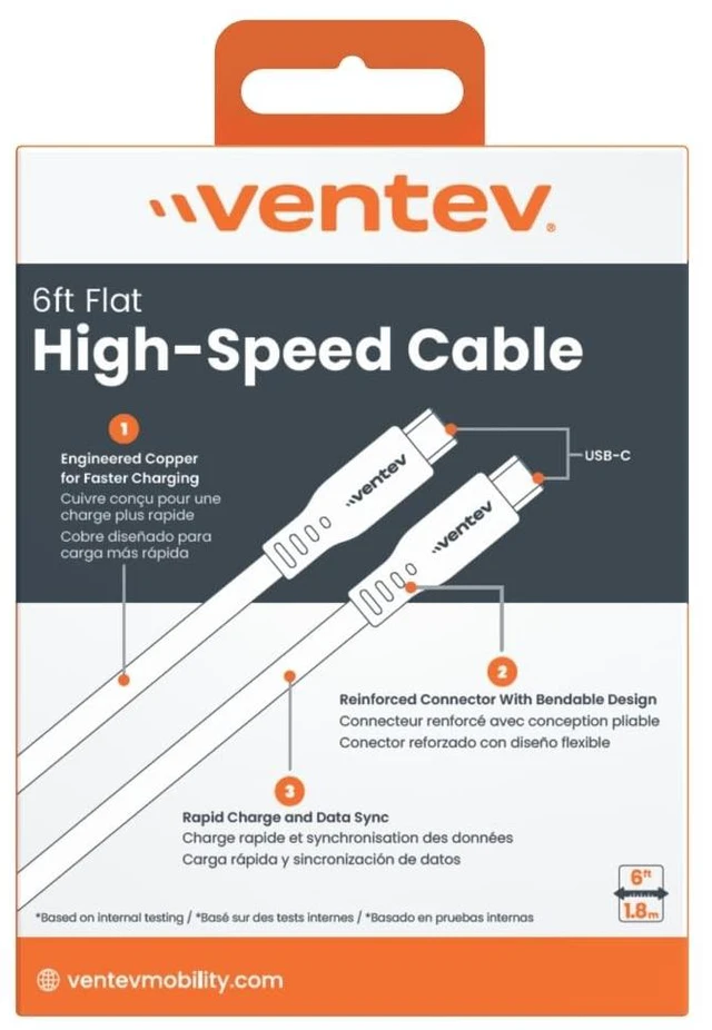 Alt view image 3 of 3 - Ventev Flat USB-C to USB-C High Speed Tangle-Free Cable 6ft