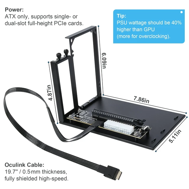 Alt view image 2 of 5 - External PCIe 5.0 x4 128Gbps GPU Dock with 19.7in OCuLink Cable, OCuLink SFF-8612/8311 to PCIe x16, eGPU Enclosure for Laptops and Mini PCs, Compatible with AMD/NVIDIA/Intel Graphics Cards Seri