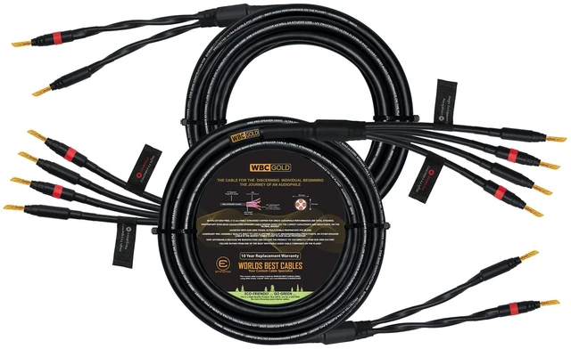 Main image of WORLDS BEST CABLES 20 Foot WBC-GOLD-LOCAP-SPKR-12 AWG - Low-Capacitance - Low-Inductance - High Purity OFC - Audiophile HiFi Bi-Wire Speaker Cable Pair with Eminence Gold Banana Plugs