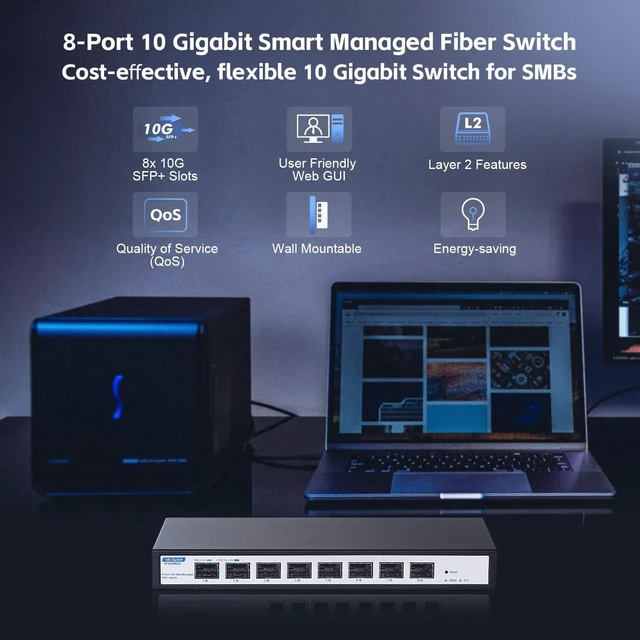 Alt view image 2 of 5 - 8 Port 10Gbps SFP+ Managed Switch, Support 10G/2.5G/1G SFP Module, 160Gbps Bandwidth, Desktop^^Wallmount Metal Case, YuLinca Managed Fiber Switch