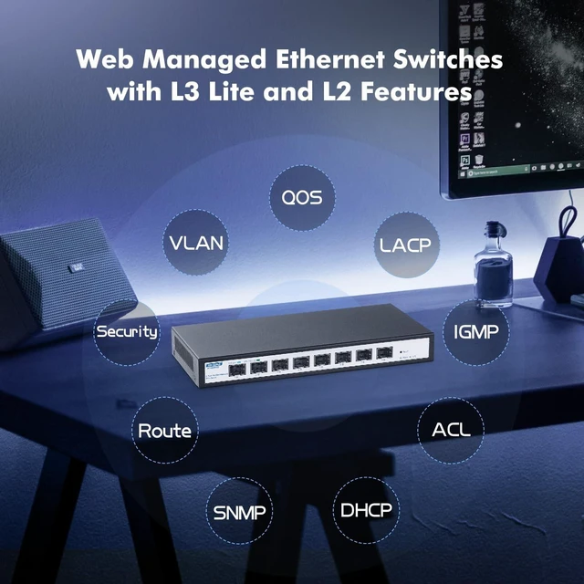 Alt view image 4 of 5 - 8 Port 10Gbps SFP+ Managed Switch, Support 10G/2.5G/1G SFP Module, 160Gbps Bandwidth, Desktop^^Wallmount Metal Case, YuLinca Managed Fiber Switch