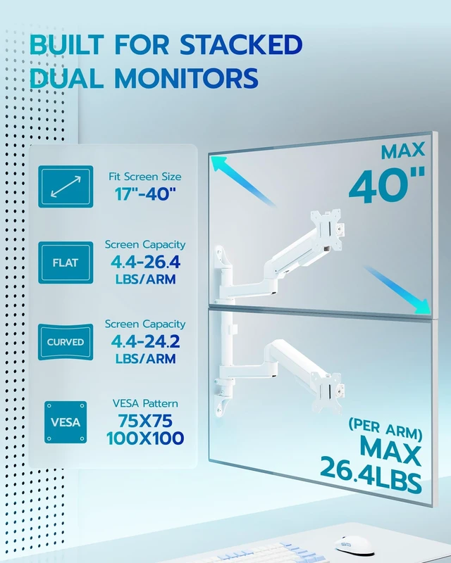 Alt view image 2 of 5 - ARES WING 17-40 Inch Ultrawide Vertical Dual Monitor Wall Mount, White