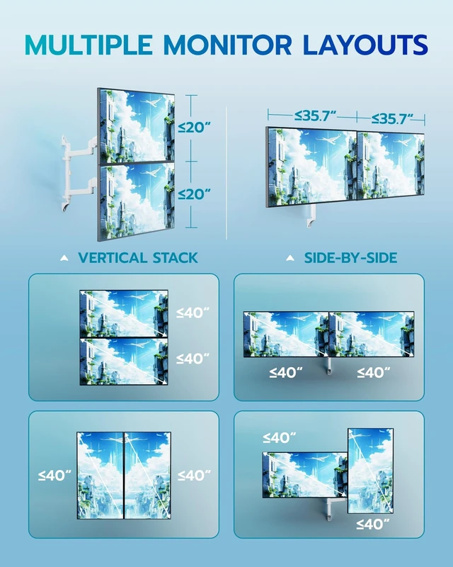 Alt view image 3 of 5 - ARES WING 17-40 Inch Ultrawide Vertical Dual Monitor Wall Mount, White