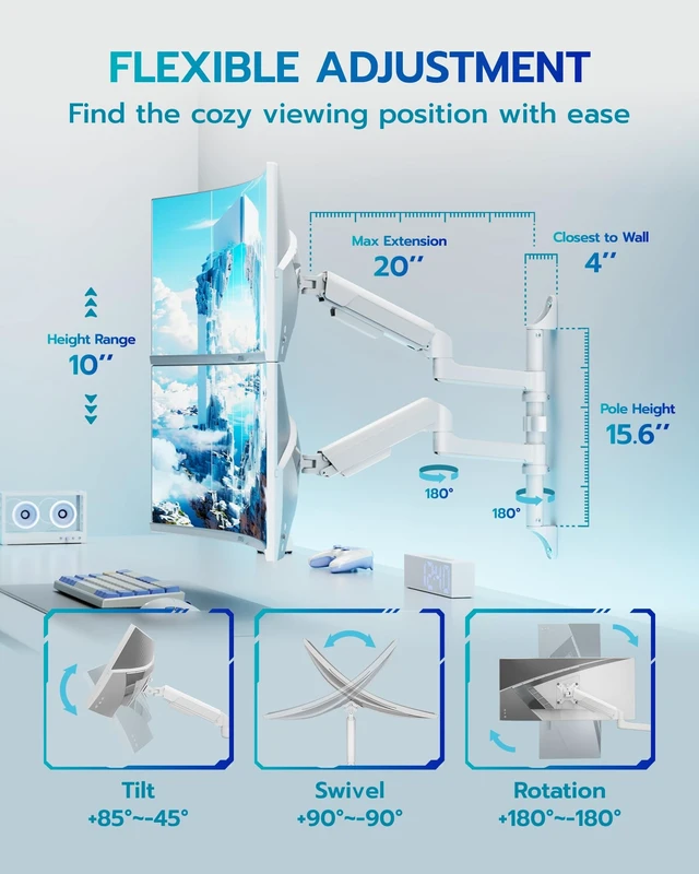 Alt view image 5 of 5 - ARES WING 17-40 Inch Ultrawide Vertical Dual Monitor Wall Mount, White