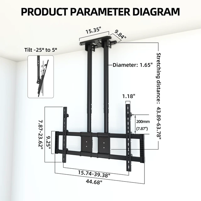 Alt view image 5 of 5 - GUZHIKU Ceiling TV Mount for 60-120 inch TV Hold 220 lbs, 20 Height Levels