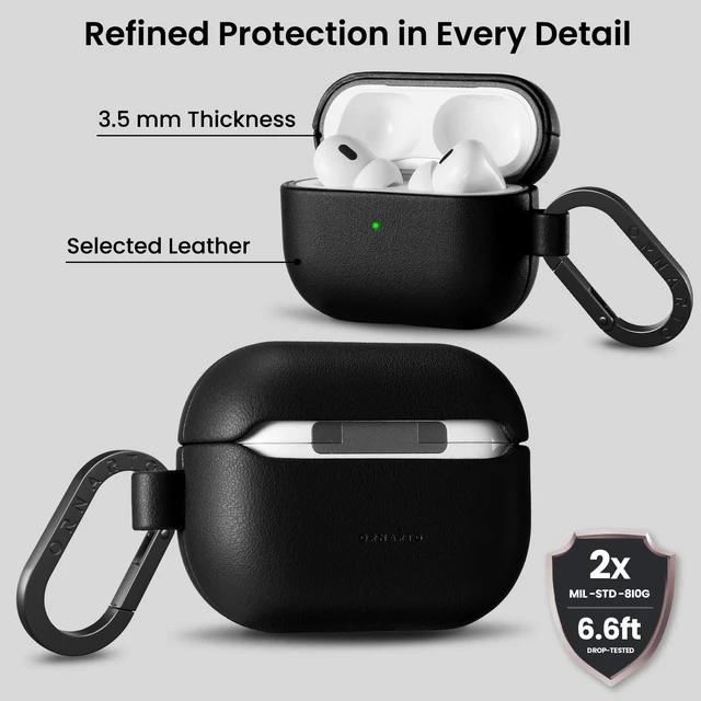 Alt view image 3 of 5 - ORNARTO for AirPods Pro 2 Case, Vegan Leather Cover, Midnight Black Leather