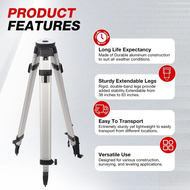 Alt view image 3 of 5 - MOETER Aluminum Surveying Tripod Kit with 9FT Grade Rod, 5/8 x11 Thread