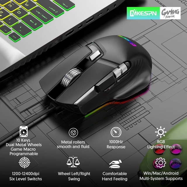 Alt view image 2 of 5 - JOMAA X13 Mouse RGB Full Speed Wired Gaming Mouse, 10-Key Macro Programming with Double Scroll Wheel, 12400 DPI 6 Adjustable Levels,6 RGB Light Modes for PC Gamer Desktop Laptop