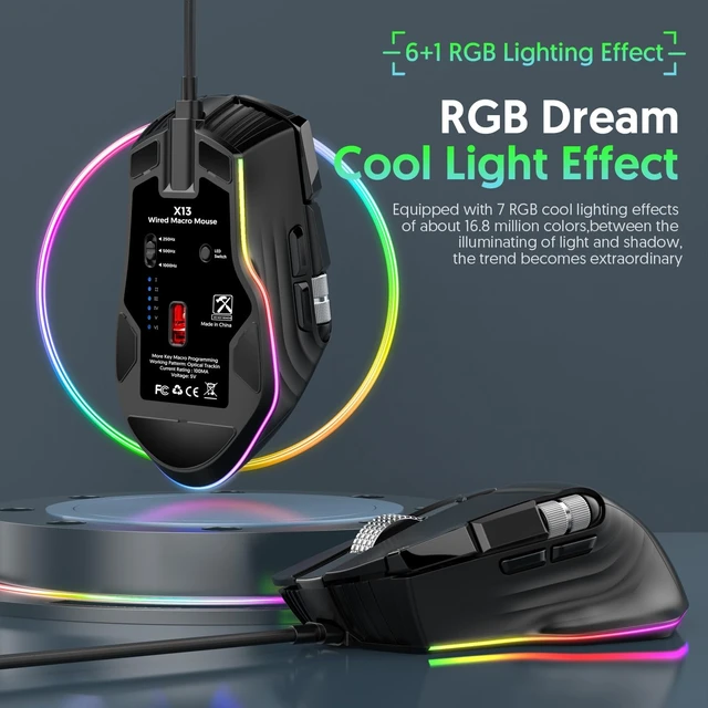 Alt view image 3 of 5 - JOMAA X13 Mouse RGB Full Speed Wired Gaming Mouse, 10-Key Macro Programming with Double Scroll Wheel, 12400 DPI 6 Adjustable Levels,6 RGB Light Modes for PC Gamer Desktop Laptop