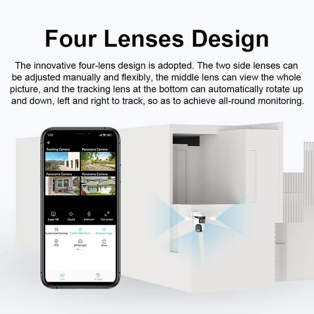 Alt view image 2 of 5 - GESKS O Kam Pro 8MP HD 4 Lens Security Camera, 360 Coverage, 2.4G WiFi, Pan & Tilt, Sound Light Alarm, Two Way Audio, Human Auto Tracking, Night Vision, Outdoor Surveillance CCTV(CS621FR)