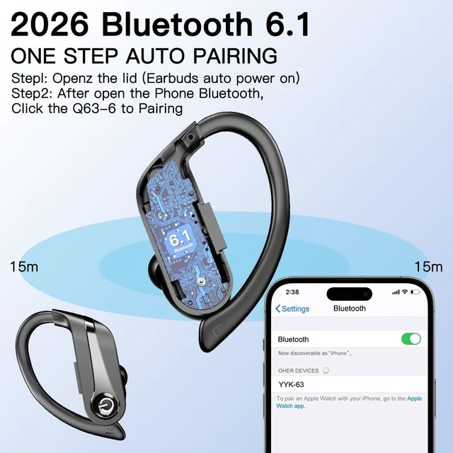 Alt view image 2 of 5 - Faxoimu Wireless Earbuds 120H Playback Bluetooth 6.1 Headphones IPX7 Waterproof Stereo Bass Over-Ear Headphones with Earhooks Microphone LED Battery Display for Sports Running Workouts