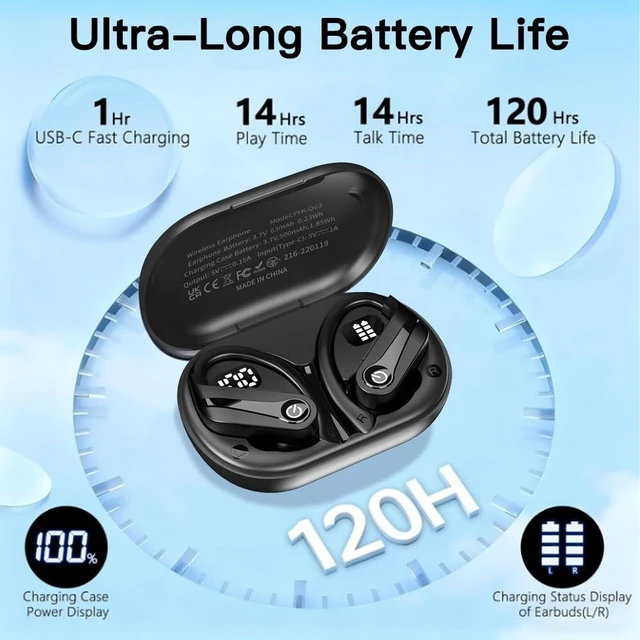 Alt view image 3 of 5 - Faxoimu Wireless Earbuds 120H Playback Bluetooth 6.1 Headphones IPX7 Waterproof Stereo Bass Over-Ear Headphones with Earhooks Microphone LED Battery Display for Sports Running Workouts