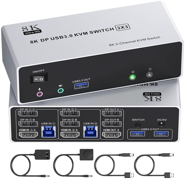 Main image of KVM Switch 3 Monitors 2 Computers 4K@144Hz/8K@60Hz, USB3.0 HDMI Dispalyport KVM Switch Triple Monitor for 2 PC Share 3 Monitors and Keyboard Mouse, Wired Remote and USB3.0 Cables Included 2 DP+1 HDMI