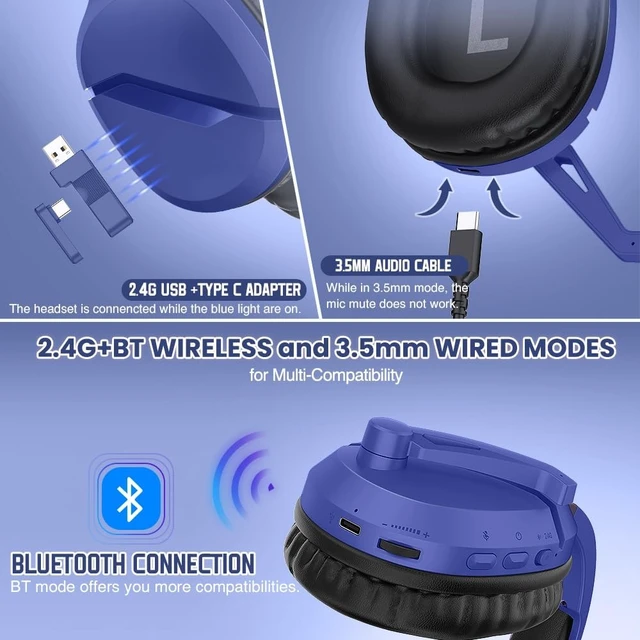 Alt view image 3 of 5 - WolfLawS Wireless Gaming Headset with Mic for PS5 PC PS4, Navy Blue