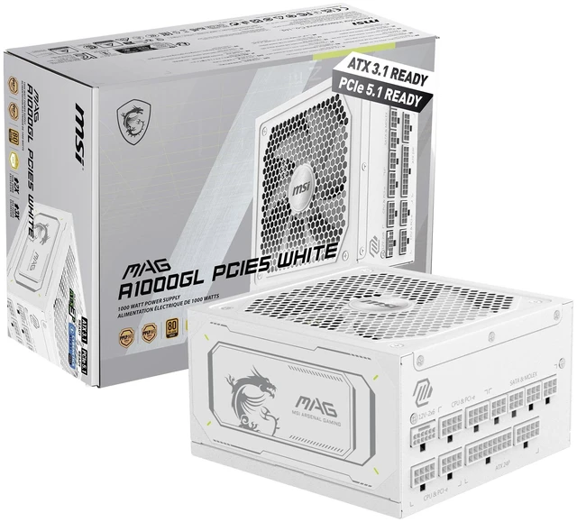Main image of MSI MAG A1000GL PCIE5 White, Fully Modular Compact Gaming 1000W Power Supply, 80+ Gold, ATX 3.1 & PCIe 5.1 Ready, Native Dual-Color 12V-2x6 Cable, Low-Noise, Embossed Jacket Cables, 10 Year Warranty