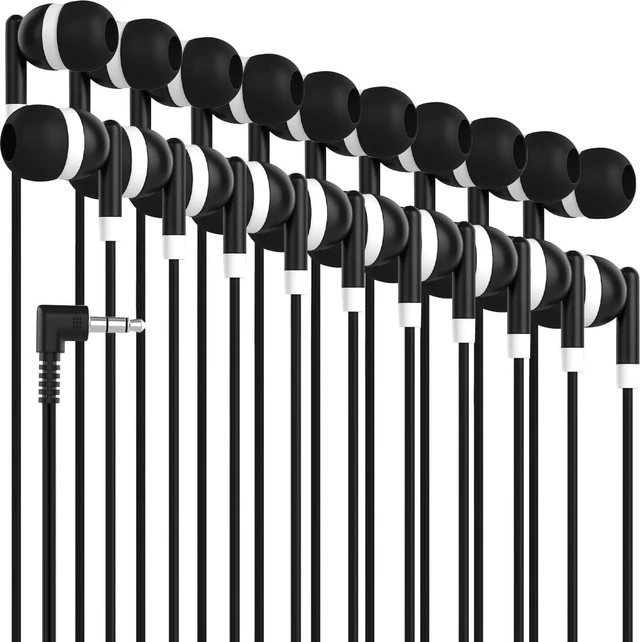 Main image of Maeline Bulk Earbuds 50 Pack Stereo Headphones Ideal for K-12-College Classrooms, Library, Travel, Gym, Museum, 3.5mm Plug, Tangle-Free Wired Earbuds for Phone, Tablet, Computer, Laptop