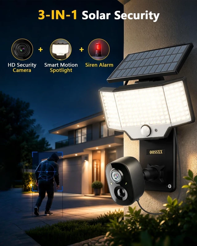 Alt view image 2 of 5 - OOSSXX Solar Floodlight Security Camera Outdoor Wireless, 4MP HD 3-in-1