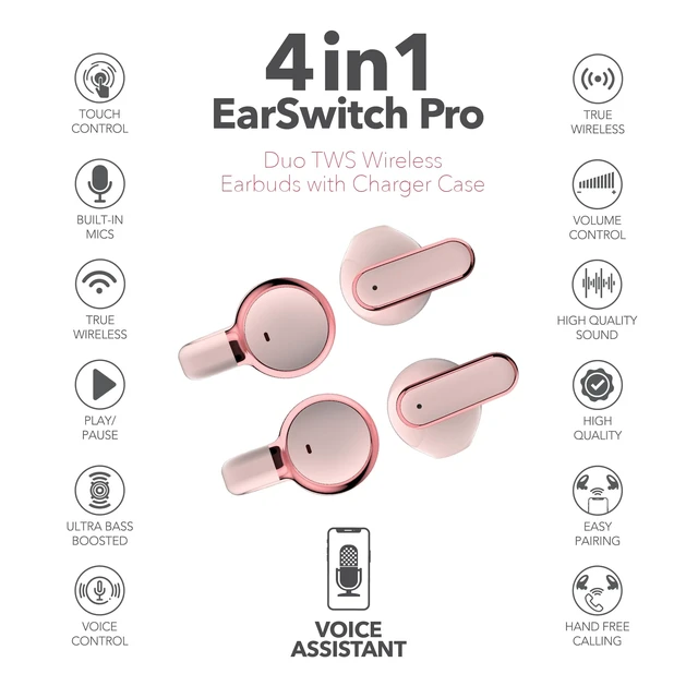 Alt view image 4 of 5 - RCA EarSwitch Pro 4-in-1 Duo TWS Wireless Earbuds, Bluetooth 5.4 Open-Ear & in-Ear Dual Buds with LED Charging Case, Touch Control, Built-in Mic, 6H Playtime for Sport & Office (Pink)
