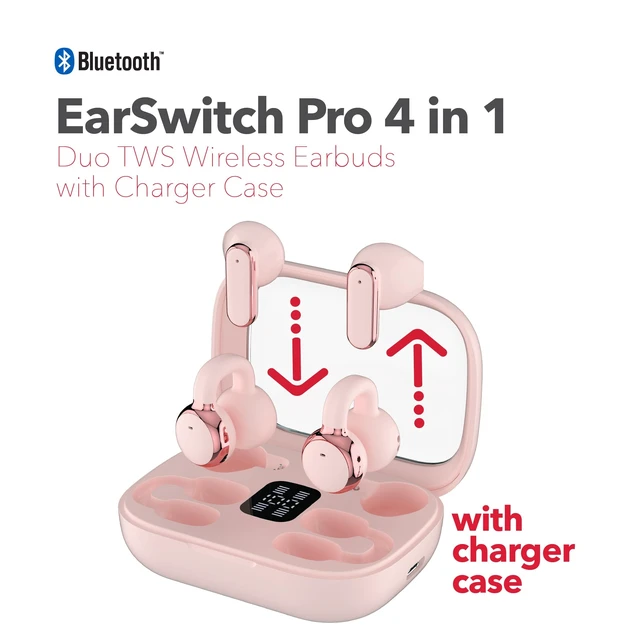 Alt view image 5 of 5 - RCA EarSwitch Pro 4-in-1 Duo TWS Wireless Earbuds, Bluetooth 5.4 Open-Ear & in-Ear Dual Buds with LED Charging Case, Touch Control, Built-in Mic, 6H Playtime for Sport & Office (Pink)