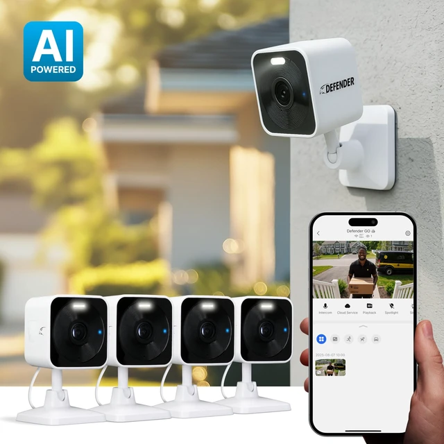 Alt view image 2 of 5 - Defender GO 2K AI Powered WiFi Indoor/Outdoor Home, Business, Pet, Baby Security Camera, AI Detection, Dual Band, Spotlight/Siren, Color Night Vision, 2-Way Talk, Works with ClearVu App, 4 Pack