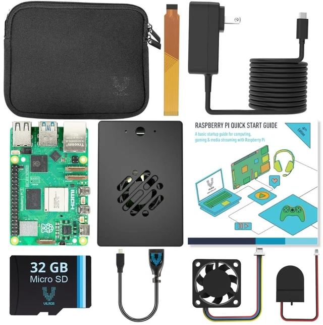 Main image of Vilros Basic Starter Kit for Raspberry Pi 5 with Dual Passive and Active Cooling Case-Includes Pi 5 Board, Case, Power Supply, 32GB Preloaded SD Card, HDMI Adapter & More (1GB, Black)