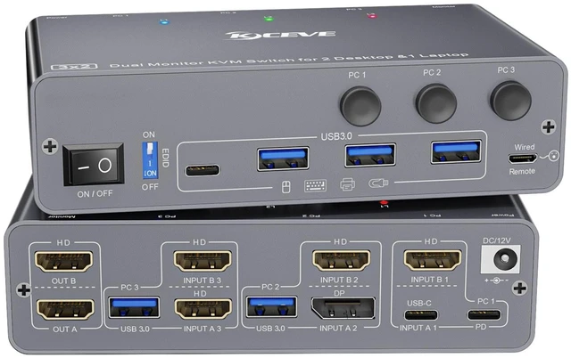 Main image of KCEVE KVM Switch 2 Monitors 3 Computers USB C HDMI DP, EDID, 4K@60Hz