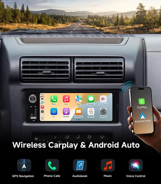 Alt view image 3 of 5 - Single DIN Car Radio Stereo, Wireless CarPlay & Android Auto