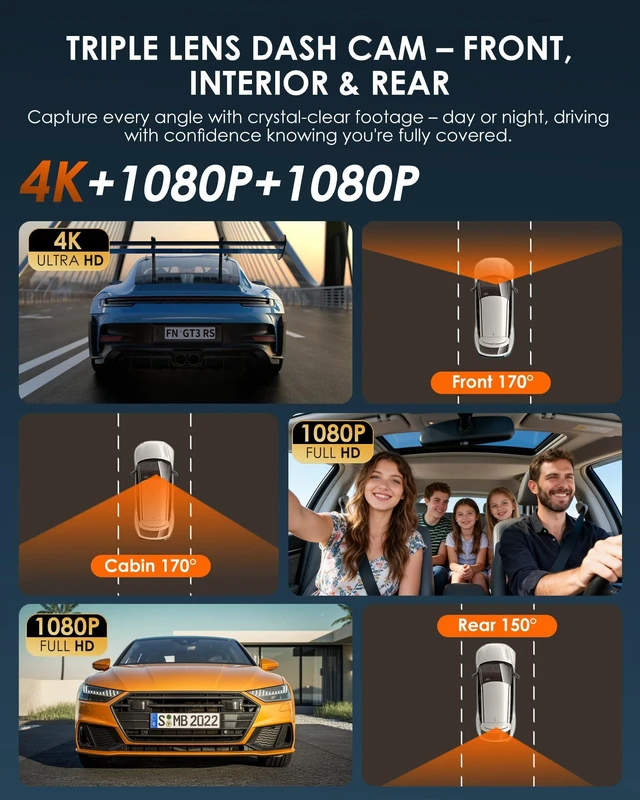 Alt view image 3 of 5 - iZEEKER 4K Dash Cam Front and Rear Inside, 3 Channel Dash Camera for Cars
